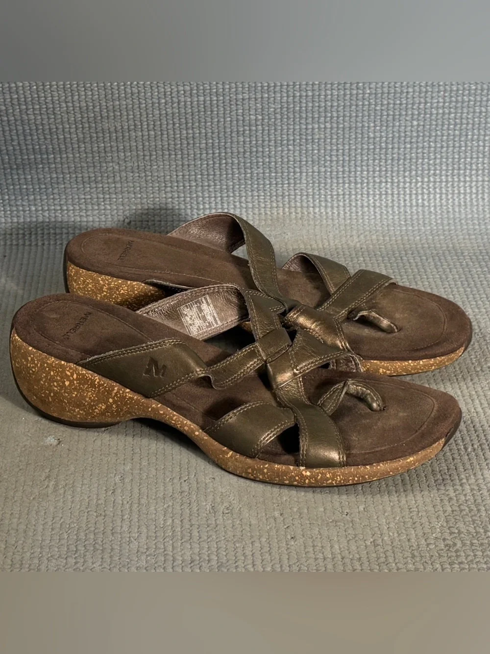 Merrell Sundial Antique Brass Leather‎ Comfort Cork Thong Sandals Women’s Size 8
